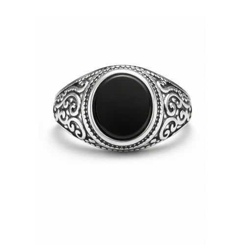 Chevalière SAFI - Acier & Agate Noire